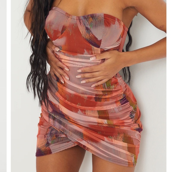 orange abstract print bandeau ruched bodycon dress Golden Sands Orange Abstract Print Mesh Ruched Bandeau Midi Dress